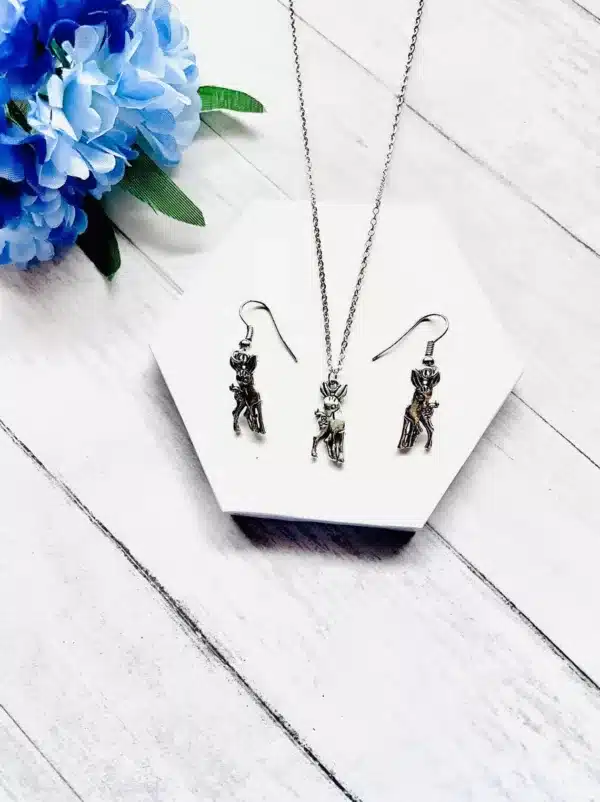 Silver Reindeer Fawn Necklace and Earring Set