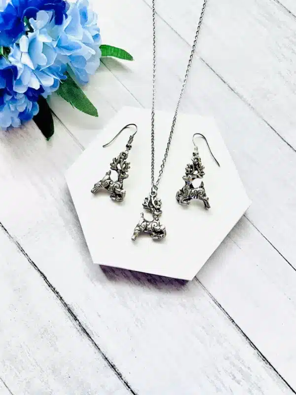 Silver Reindeer Necklace and Earring Set
